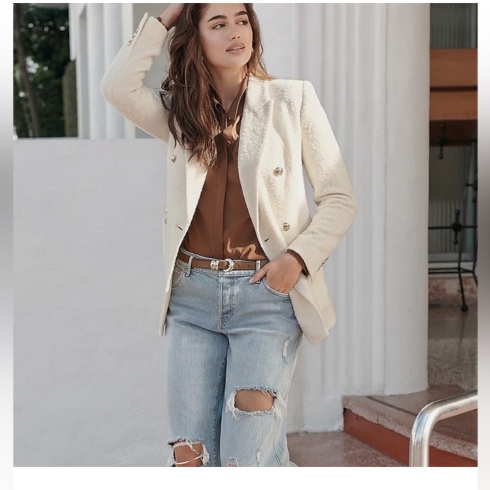 Express Cream double breasted jacket with gold button details.
